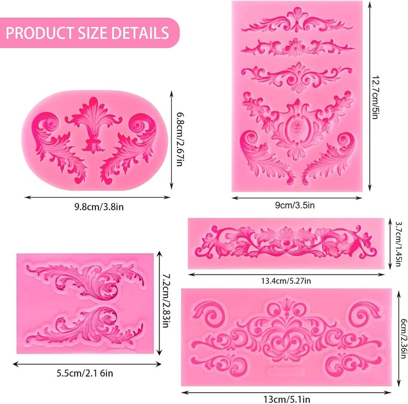 Pofflujent 5 Pcs Baroque Silicone Molds Baroque Style Curlicues Scroll Lace Fondant Silicone Mold Scroll silicone Baroque Mold Relief Flower Lace Mould for Wedding Birthday Cake Decoration - Image 2